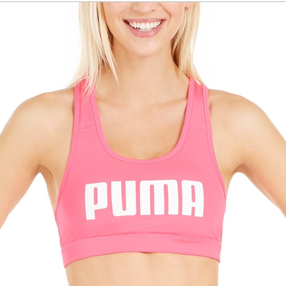 NEW Puma Racerback Sports Bra Spell Out Athletic Bright Pink Womens Small